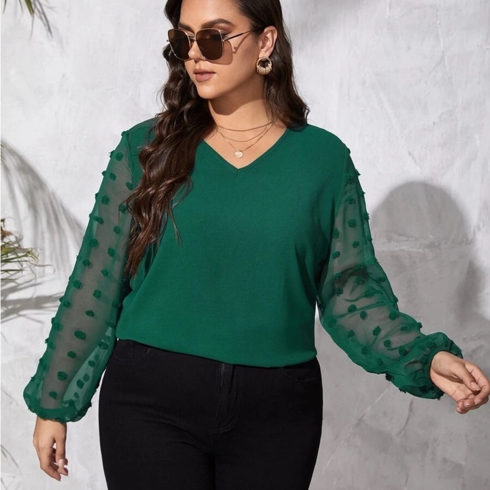 SHEIN dark green textured Swiss dot balloon sleeve peplum blouse size xlarge